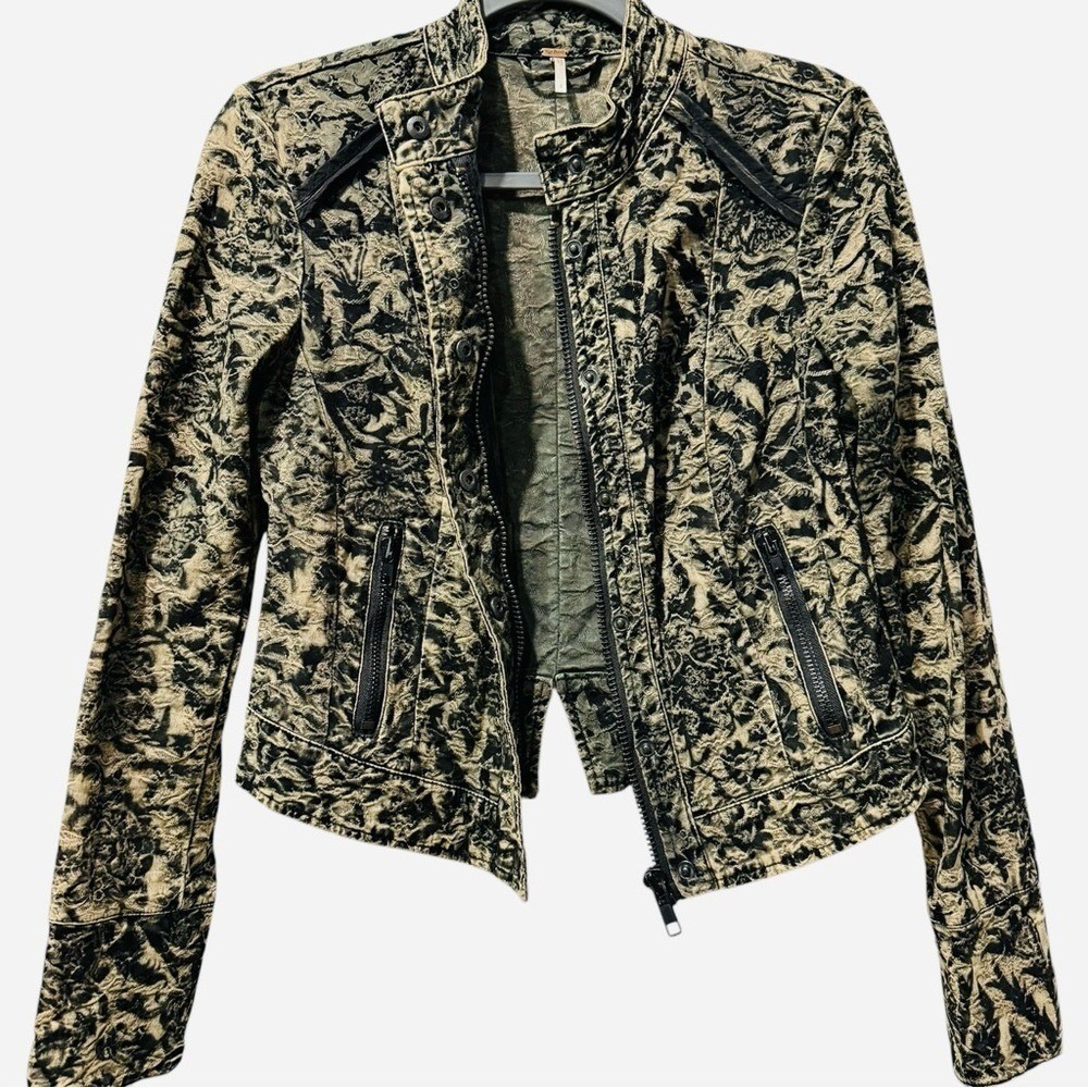Free People Follow the Flock Velvet Flocked Black / Tan Moto Jacket XS 2 - Picture 4 of 9